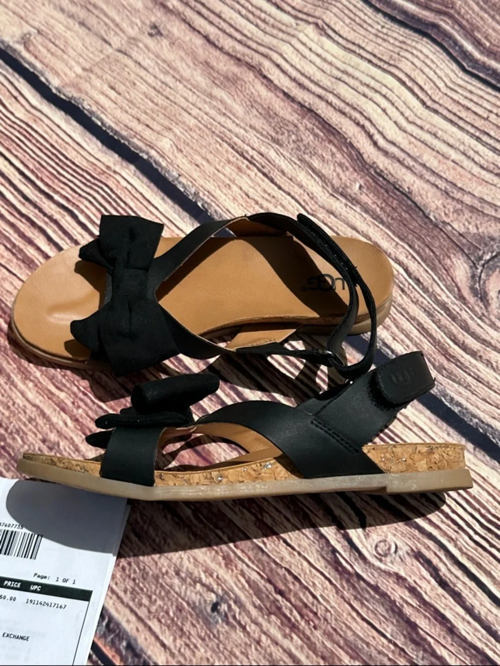 UGG Girls Black Bow Fonda K Sandals with Tan Footbed